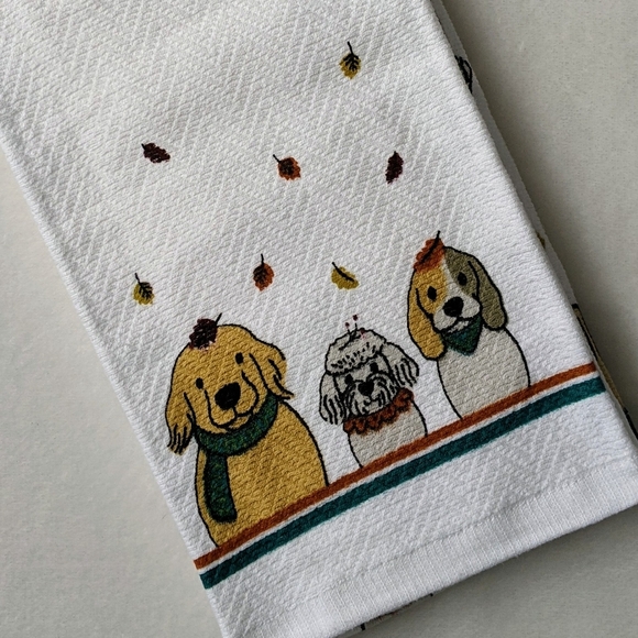 Dog Print Fall Autumn Leaves Theme Kitchen Towel Set Of Two White Multi NWT - Picture 1 of 15